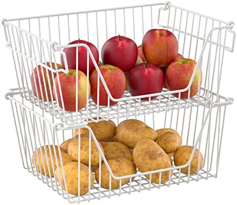 Stackable Wire Metal Baskets Large Capacity Kitchen Freezer Bins for Pantry Cabinet Fruit Vegetable Snacks Organization, White, Set of 4 - Image 3