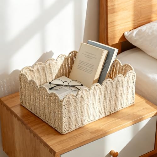 Scalloped Basket, Wicker Storage Baskets, Hand Woven Baskets for Shelves,Natural Baskets for Organizing (Rattan&M-14" L x 10.5" W x 6" H) - Image 2