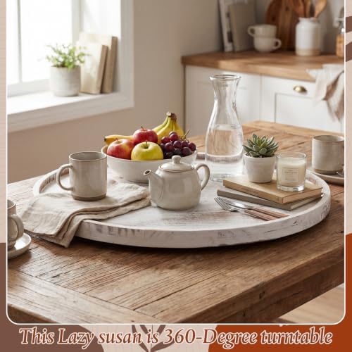 2 Pcs 20'' Wood Lazy Susan for Countertop Acacia Large Turntable Rotating Serving Tray for Table Top Non Skid Kitchen Tray Revolving Condiment Spice Rack Table Organization Storage, White - Image 2