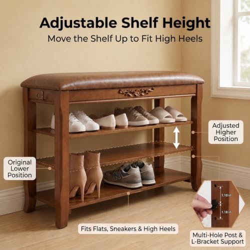 Shoe Rack Bench Entryway Storage with Leather Cushion, 31.5" - Image 3