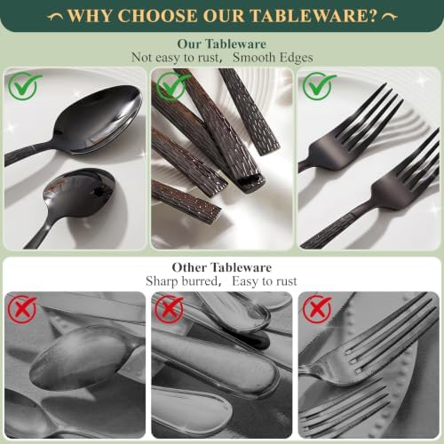 49 Pieces Black Silverware Set with Bamboo Organizer,Tree Pattern black - Image 5