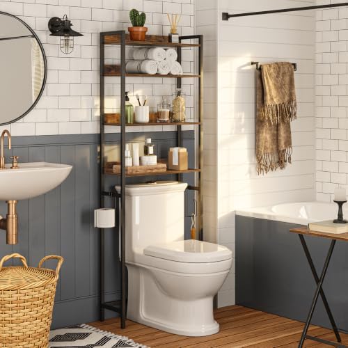 MAHANCRIS Over The Toilet Storage Rack, 4 Tier Bathroom Organizer Over Toilet, Freestanding Space Saver Toilet Stand with 2 Hooks, Bathroom Storage Shelf, Easy to Assemble, Rustic Brown TSHR0401Z by MAHANCRIS