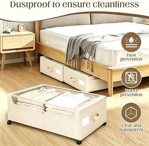 Under Bed Storage with Wheels, 2 Pack Under Bed Storage Containers, 10.6 inches Tall Underbed storage bins on Wheels, Rolling Under the Bed Metal Drawers for Clothes, Blankets, Shoes (XXXL, 90L) - Image 5