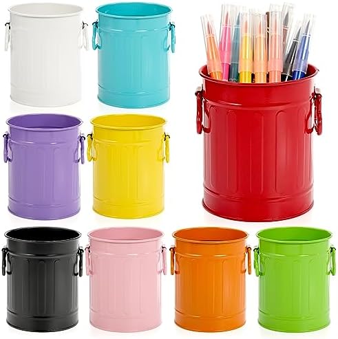 Noamus 9 Pack Metal Pen Holder, Mini Pencil Bucket with Handle, Desktop Pencil Cup Makeup Brush Organizer, Desk Colorful Small Pails, Stationary Supplies Container for Office Classroom School Crafts by Noamus