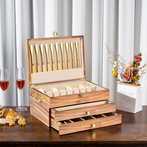 Silverware Storage Box, 3-Layer Flatware Storage Case with Drawer, Wooden Silverware Chest with Handle and Linen Liner, Rustic Silverware Case for Storing Fine Flatware and Utensils (Brown) - Image 2