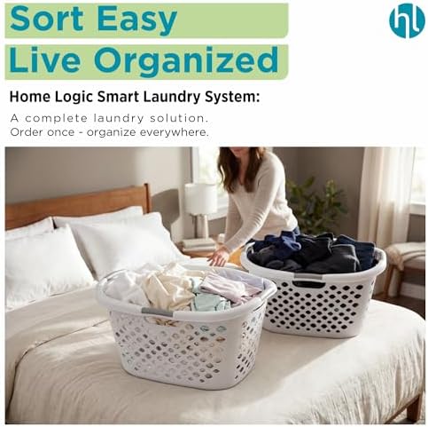 Home Logic 1.75 Bushel Plastic Laundry Basket with Hip Grip, Large Laundry Hamper with Handles, Ventilated Clothes Organizer for Bedroom Bathroom Closet, 2 Pack, White - Image 7