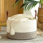 KAKAMAY Large Blanket Basket (20"x13"),Woven Baskets for storage Baby Laundry Hamper,Cotton Rope Blanket Basket for Living Room, Laundry, Nursery, Pillows, Baby Toy chest (White/Beige) - Image 2