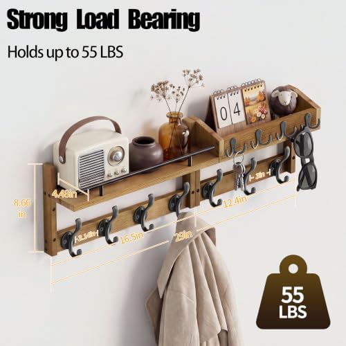29” Coat Rack Wall Mount with Shelf, Coat and Key Hanger with Metal Hooks - Image 2