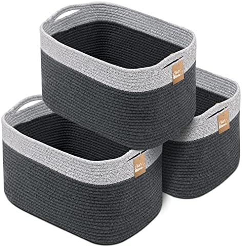 CHAT BLANC Cotton Rope Baskets for Organizing I Storage Baskets for Shelves | Rope Basket for Storage, Small Laundry Baskets, Woven Baskets for Storage, Dog Toy Bin, Baby Basket, Gray & Graphite 3Pack by CHATBLANC