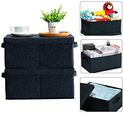 HOONEX Linen Foldable Storage Bins with Lids, 2 Pack, Storage Boxes with Carrying Handles and Sturdy Heavy Cardboard, 16.5" L x 11.8" W x 7.5" H for Shoes, Books, Clothes, Nursery, Dark Grey - Image 2