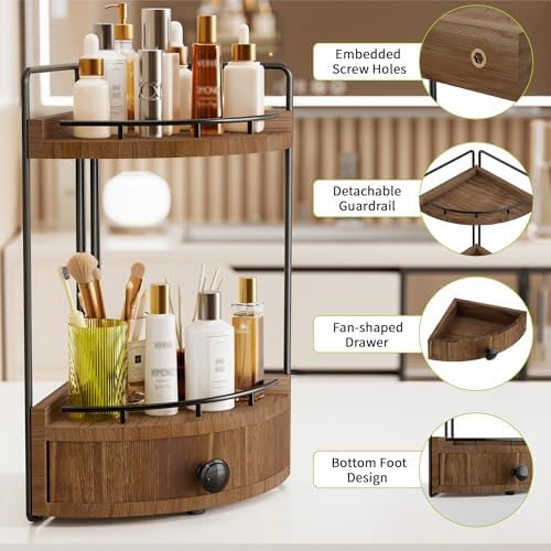 2-Tier Corner Bathroom Counter Organizer with Drawer, Dark Brown - Image 3
