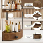 2-Tier Corner Bathroom Counter Organizer with Drawer, Dark Brown - Image 3