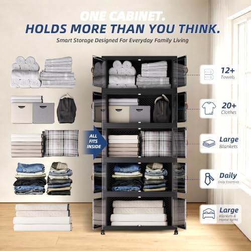 SAILUN 825QT/206Gal Stackable Storage Bins with a Lid, Collapsible Storage Bins With Doors, Folding Cabinet for Home Closet Organization,5 Pack-30 W x 19.7" D x 80.9" H Black - Image 5