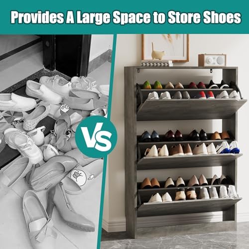Xixini Shoe Storage Cabinet for Entryway with 3 Flip Drawers, Sturdy Wood Hidden Shoe Storage, Freestanding Narrow Slim Shoe Organizer for Front Door Entrance, Living Room, Hallway, Bedroom, Grey - Image 5