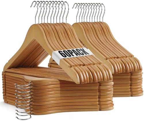 Wooden Hangers - 60 Pack - Clothes Hanger for Daily Used,Heavy Duty Wood Hangers with Precisely Cut Notches,Coat Hanger for Closet, Clothes Hangers for Shirt Suit Dress (Natural) by Uinicor