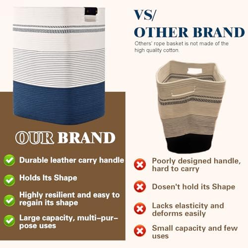 Laundry Hamper, 85L Tall Laundry Basket with Leather Handles, Rectangle Large Clothes Hamper for Organizing, Cotton Woven Laundry Baskets Storage Hampers for Bedroom, Nursery, Living Room - Image 4