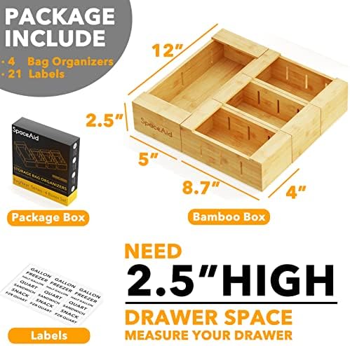 SpaceAid Bag Storage Organizer for Kitchen Drawer, Bamboo Organizer, Compatible with Gallon, Quart, Sandwich and Snack Variety Size Bag (4 Pack), 2.5" High - Image 3