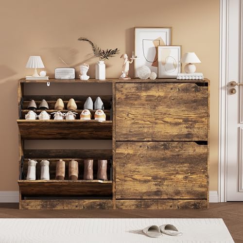 Brown Hidden Shoe Storage Cabinet for Entryway with 4 Flip Drawers by Boonatu
