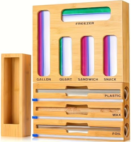 LDQ 9-in-1 Shatterproof Square Bamboo Storage Box - Aluminum Foil Dispensr with Cutter, Reusable Quarter Multi-Functional Sealed Bag Organizer for Kitchen Drawers, Walls, and Cabinetse by Unknown