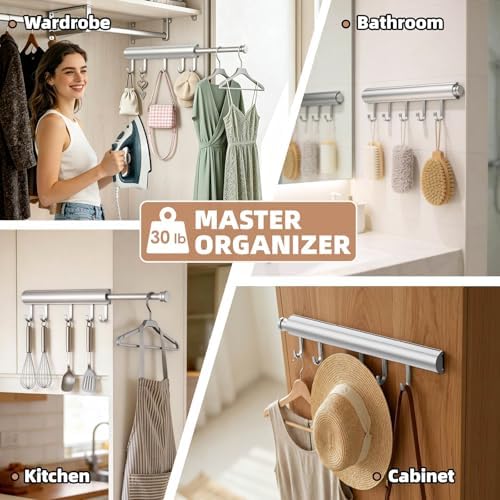 Pisman Valet Rod for Closet Pull Out 12 Inch with 5 Hooks - Silver 1 Pack - Image 4
