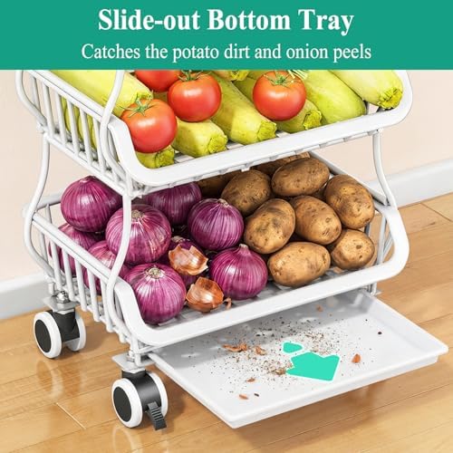 SAYZH 4-Tier Fruit and Vegetable Basket Stand for Kitchen, Wood Top, White - Image 3