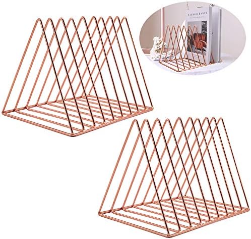EASEPRES 9 Slot Magazine Rack Book Record Holder, Desktop Iron Storage Rack Bookshelf Multifunction Triangle File Organizer Sorter for Decor Home Office, Rose Gold Pack of 2 by EASEPRES