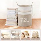 72L Large Tall Cotton Rope Laundry Basket with Handles, White & Brown - Image 2