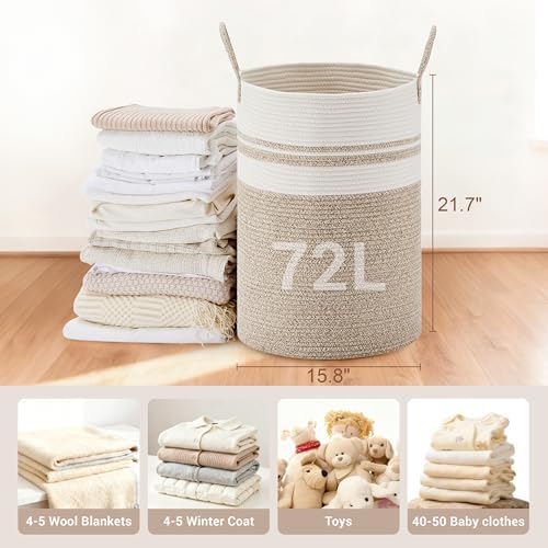 72L Large Tall Cotton Rope Laundry Basket with Handles, White & Brown - Image 2