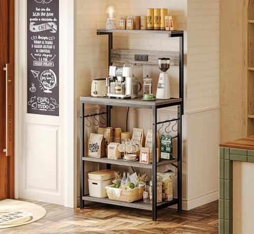 SUPERJARE Kitchen Bakers Rack with Power Outlet, Coffee Bar Table 4 Tiers, Kitchen Microwave Stand with 6 S-shaped Hooks, Kitchen Storage Shelf Rack for Spices, Pots and Pans - Greige - Image 2