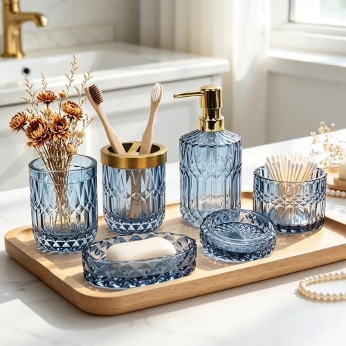 Blue Bathroom Accessories 5 Pcs, Glass Bathroom Accessory Set, Vintage Blue Bathroom Set, Soap Dispenser and Toothbrush Holder Set, Qtip Holder, Bathroom Sets Complete, Modern Bathroom Decor by QIQU