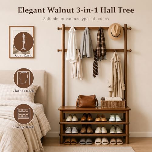 Solid Wood Hall Tree with Bench, Shoe Rack & 11 Hooks 35.0'' - Image 6