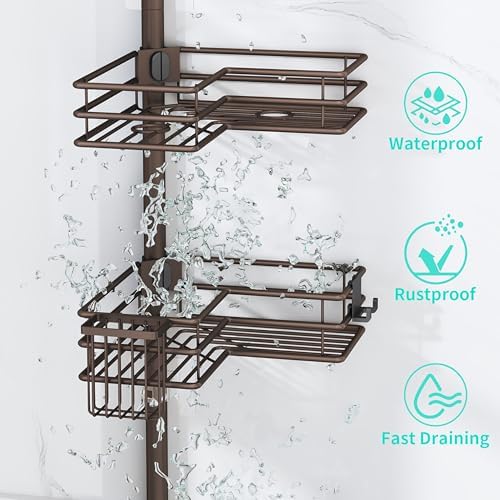 HapiRm Corner Shower Caddy Organizer - Shower Organizer Corner with Soap Holder, Toothbrush Holder and 4 Hooks, Rustproof Bathroom Shelf Tension Pole Available for 27.6 to 108.3 Inch - Bronze - Image 4