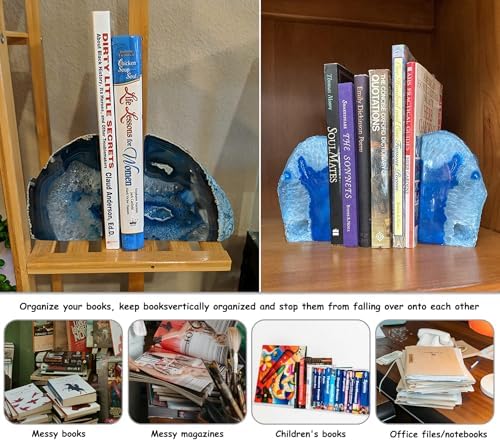 AMOYSTONE Blue Agate Bookends Small Stone Book Ends for Desk Decor - Image 4