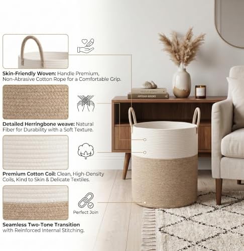 Large Cotton Rope Storage Basket 80L, White and Brown Woven Basket with Handles, Decorative Laundry Hamper for Bedroom Living Room, Tall Blanket Basket for Clothes Towels Pillows - Image 3