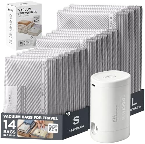 Vacuum Seal Bags for Clothing Travel with Rechargeable Electric Pump, Space Saver Vacuum Storage Bags Travel, Reusable Compression Bags for Luggage Home (14pcs Stripes) by Hatisan