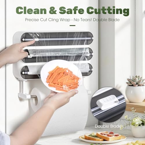 Aluminum Foil & Plastic Wrap Dispenser with Cutter - Magnetic & No-Drill Wall Mount, Cling Film Dispenser with Paper Towel Holder, Space-Saving 4-in-1 Kitchen Organizer - Fits 12" Roll, Black - Image 2
