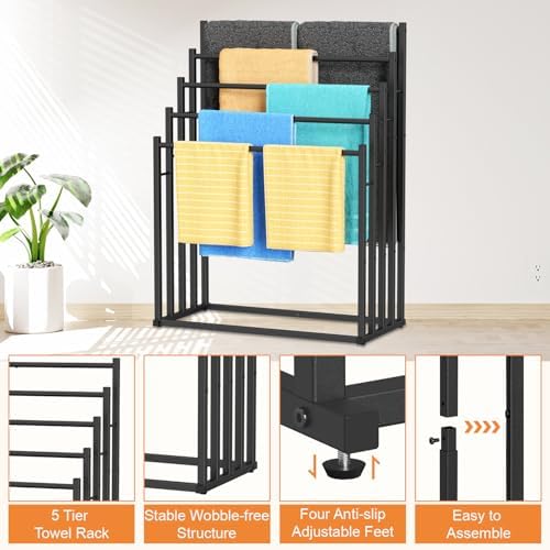 Honiter Towel Racks for Bathroom, 5 Tier Wide Towel Drying Rack Outdoor, Free Standing Towel Rack, Pool Towel Blanket Stand and Display Rack for Oversized Bath Towels - Image 6