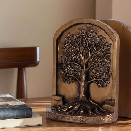 Large Vintage Bronze Finish Tree of Life Bookends Set, 2 Non-Skid Heavy Bookends for Shelves or Bookcase, Decorative Bookends for Desktop Shelf Decor, Library Office Decor, Home Décor Gift - Image 4