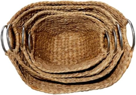 Deco 79 Seagrass Handmade Decorative and Functional Storage Basket Woven Curved Basket Organizer with Silver Metal Handles, Set of 4 Basket for Storage 14", 16", 19", 21"W, Brown - Image 2
