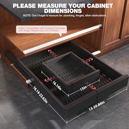Seinloes Pull Out Cabinet Organizer,4-Side Expandable to Maximize Cabinet Space,Slide Out Drawers with 3 Rail Design,Roll Out Shelf with Raising Pad for Framed Cabinet,13"-21"W x 17"-24"D,Black,2 Pack - Image 6