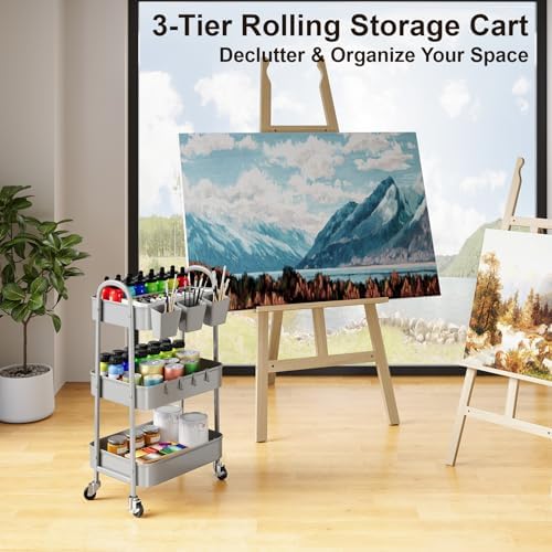 3 Tier Gray Metal Rolling Cart, Three Tiered Storage Dorm Carts with Wheels - Image 5