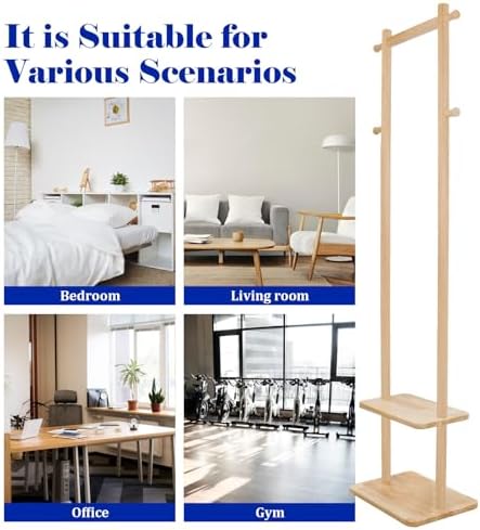 Wooden Coat Rack Freestanding,Hall Tree with Sturdy Base,Clothing Rack for Hanging Clothes,Small Clothes Rack with 3 Storage Shelves,Space Saving for Entryway, Hallway, Bedroom (Natural) - Image 4