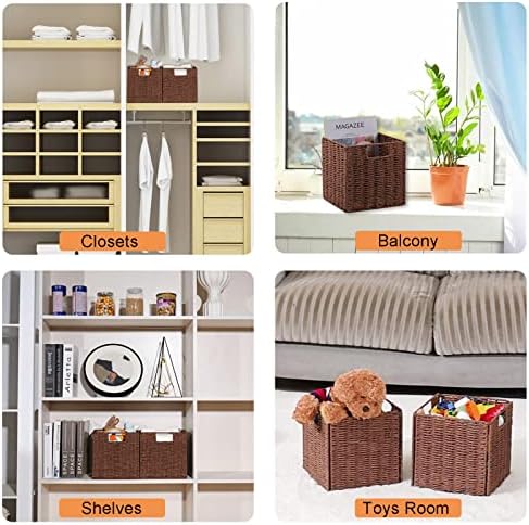 Vagusicc Wicker Storage Basket, Set of 2 Hand-Woven Storage Baskets for Shelves, Foldable Cube Storage Baskets Bins with Handles, 9 inch Small Wicker Baskets for Organizing Pantry Bedroom, Brown - Image 6