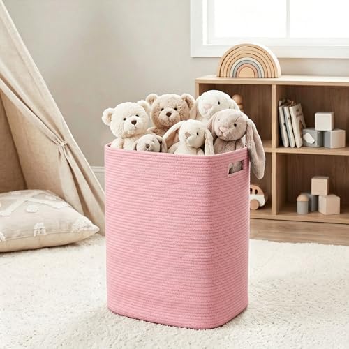MEGASKET Large Laundry Hamper 16"x13"x22" - Tall Woven Laundry Basket, Cotton Rope Dirty Clothes Hamper, Baby Kids Nursery Wicker Laundry Basket, Bedroom Aesthetic, Soft Laundry Bin, Pink Hamper, 75L - Image 5