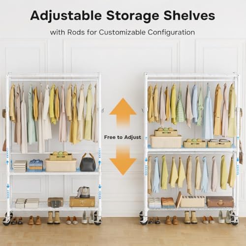 Simple Deluxe Rolling Clothes Rack, Heavy Duty Clothing Rack, 3-Shelf Portable Adjustable Wardrobe Closet with Wheels, Hanging Rods & Side Hooks, 43.3" W x 17.7" D x 80.3" H, White - Image 5