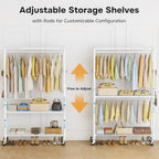 Simple Deluxe Rolling Clothes Rack, Heavy Duty Clothing Rack, 3-Shelf Portable Adjustable Wardrobe Closet with Wheels, Hanging Rods & Side Hooks, 43.3" W x 17.7" D x 80.3" H, White - Image 5