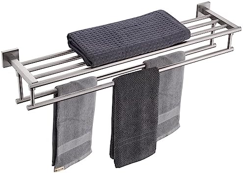 KOKOSIRI Towel Shelf with Double Towel Bars 32 Inches Bathroom Towel Rack Bath Towel Holder Wall Mounted Stainless Steel, Brushed Nickel, B6005BR-L32 by KOKOSIRI