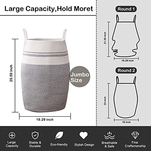 OIAHOMY 105L Laundry Hamper Cotton Rope Large Clothes Hamper White & Grey - Image 3