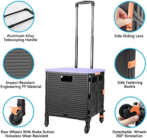 Quick Utility Cart Folding Portable Rolling Crate Handcart with Durable Heavy Duty Plastic Telescoping Handle Collapsible 4 Rotate Wheels for Travel Shopping Moving Luggage Office Use - Image 2