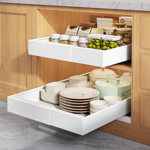 Seinloes 2 Pack Pull Out Cabinet Organizers 21" Deep With Raising Pad for Framed Cabinets, Expandable Width (9"-14") Slide Out Drawers Upgrade 3 Slide Rails, Roll Out Shelves Adhesive, White by Seinloes